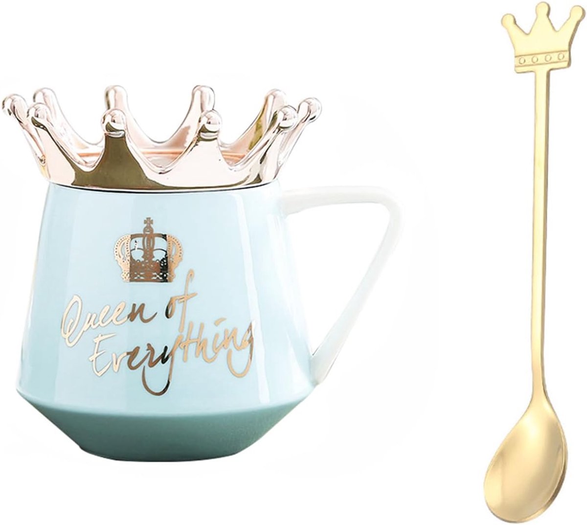 koffiemok creatieve mok keramische mok met kroon met deksel en lepel keramische mok voor spek kan cadeau worden gegeven (blauw)