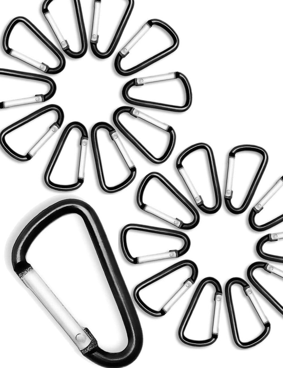 20 x aluminium mini-karabijnhaken, karabijnhaken voor bevestiging van uitrusting aan rugzak, riem, tent, kano, sleutelhanger, 4 cm, zwart, voordeelverpakking van 20 stuks