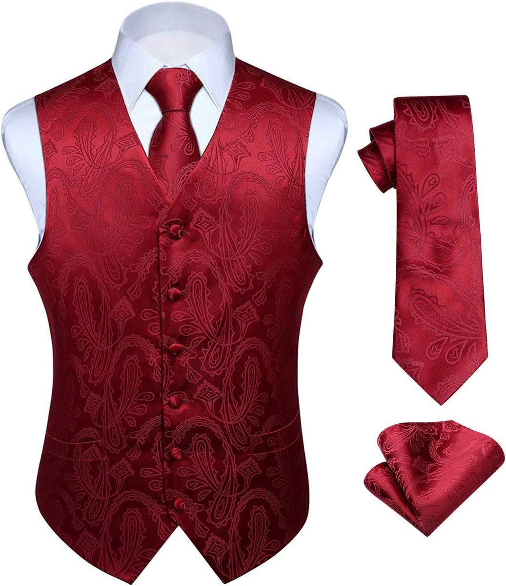 Paisley gilet voor heren, jacquard bloemenmotief, stropdas, pochet, voor bruiloftsfeest, zakelijke pasvorm, set met gilet, XS - 6XL