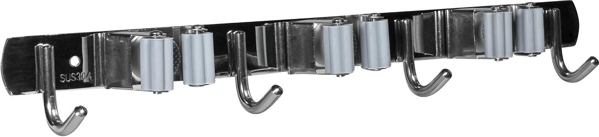 Bezemhouder - Bezemophangsysteem - Steelhouder - Bezemklem - Steelklem - Tuingereedschap - Ophanghaken - 3 klemmen - 4 haken - Grijs - Zilver - RVS - Siliconen - 4 x 37,5 x 4,5 cm (lxbxh)