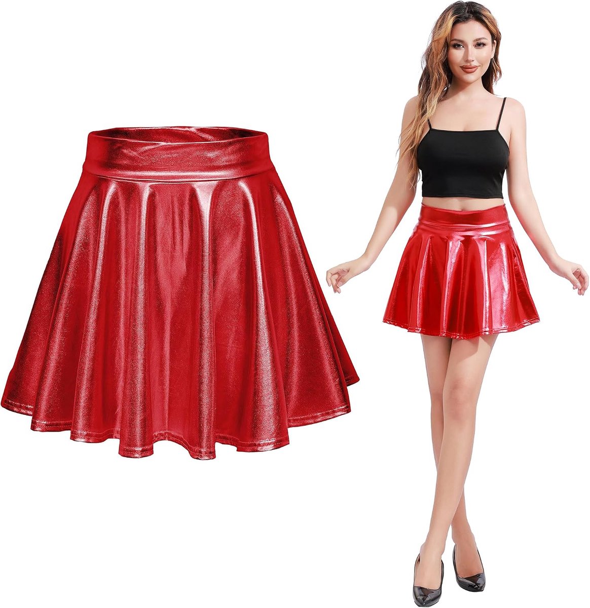 rok voor dames, hoge taille, metallic rok voor dames, glanzend, niet doorzichtig, kreukvrij, minirok van metaal, sexy minirok voor dans, club, dans