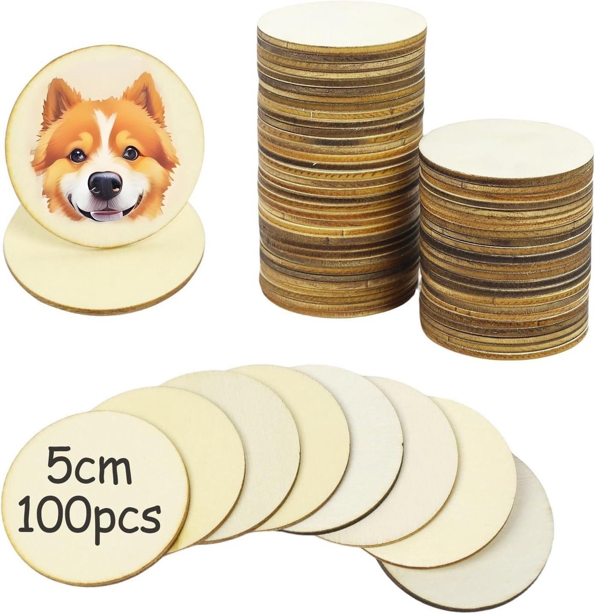 schijven, 100 stuks, ronde houten schijven, diameter van 5 cm, 2,5 mm dik, boomschijven voor decoratie, kurk-onderzetters, handwerk, beschilderen, doe-het-zelf
