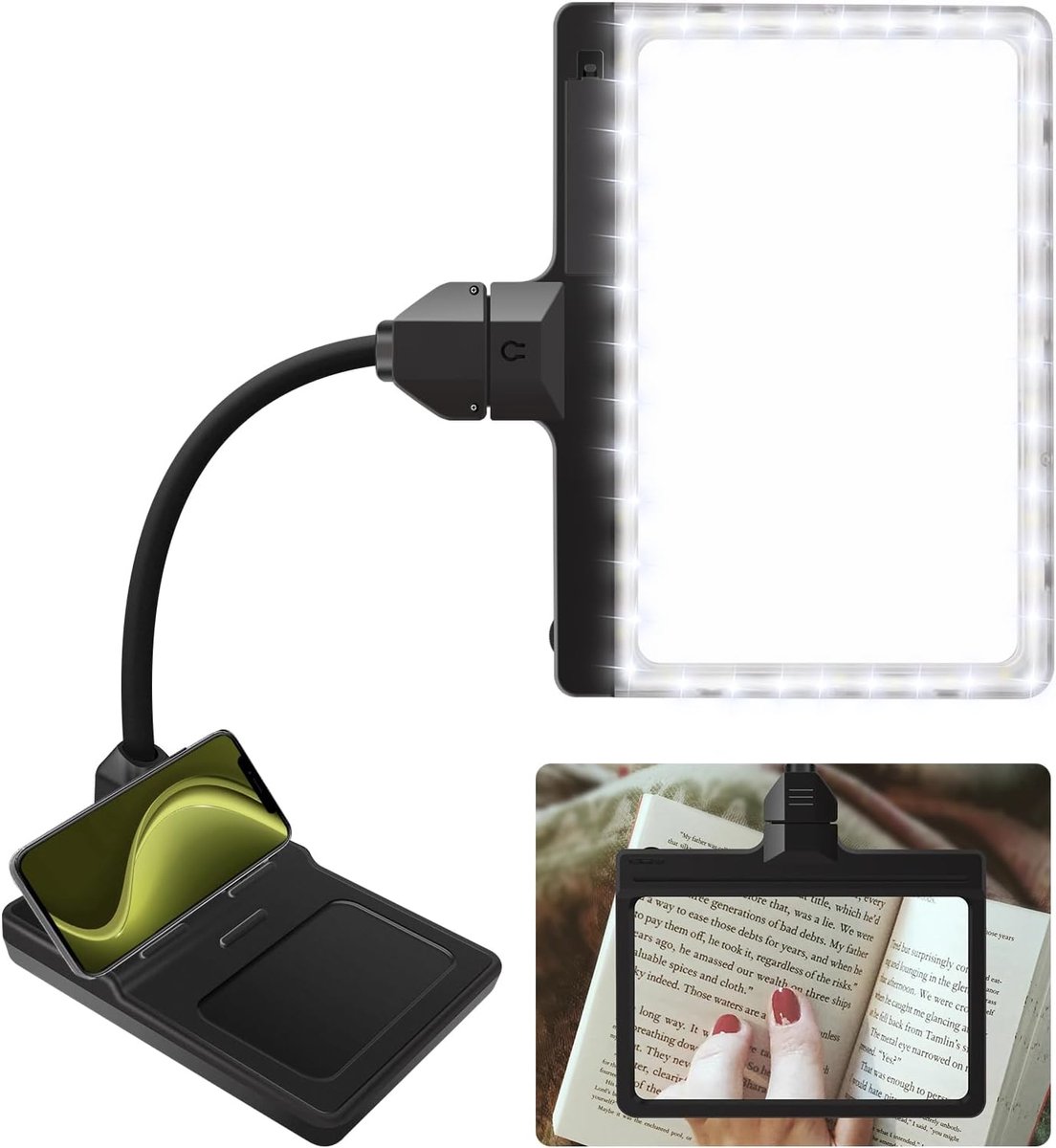 Vergrootglas met licht 4X, flexibele zwanenhals bureaulamp USB Charge & Phone Stands, grote pagina loepen voor het lezen van boeken, afdrukken, schilderen, naaien, ambachten Sluiten werk