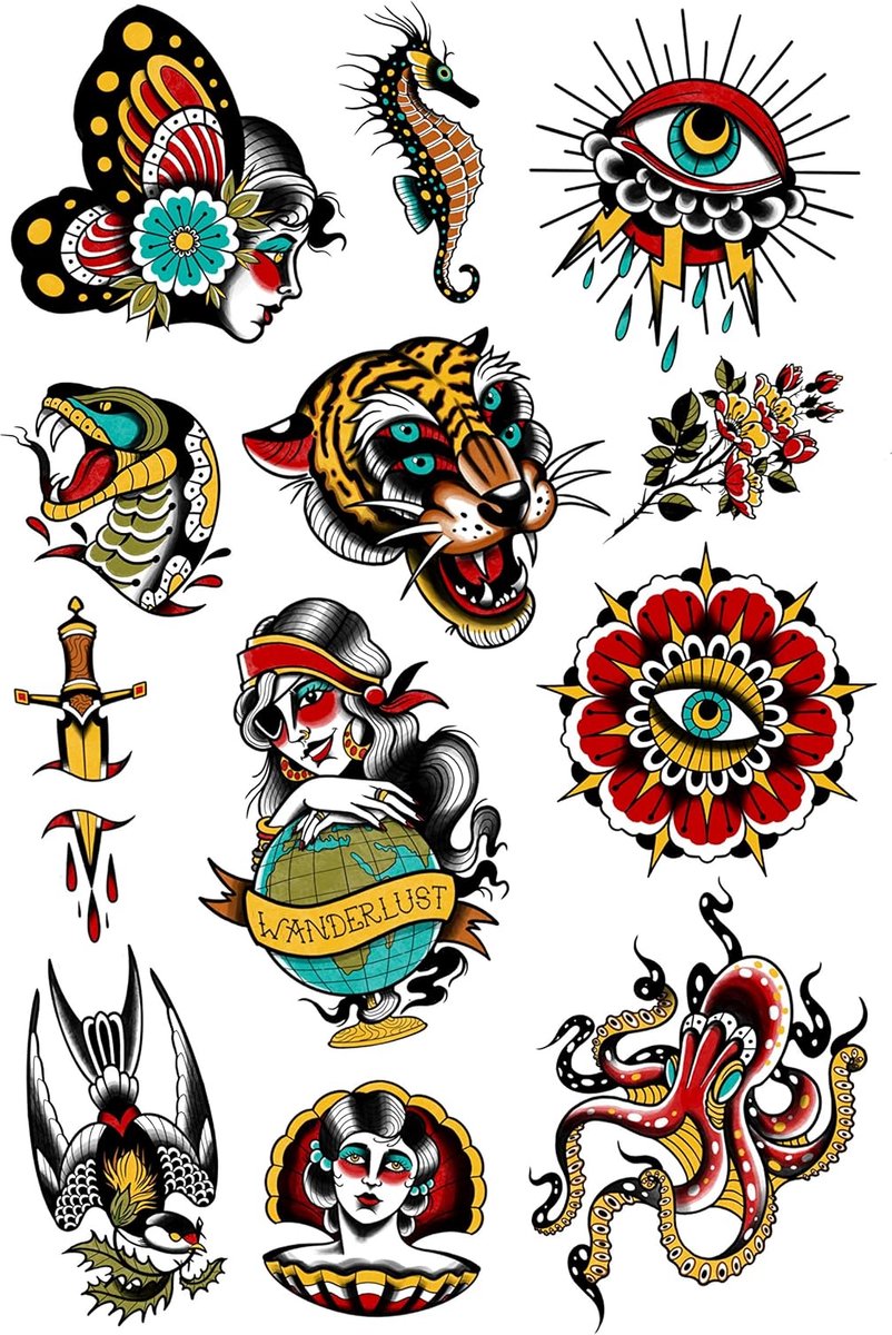 Tijdelijke Waterbestendige Tattoos voor Dames en Heren, Vintage Designs met Dolk, Tijger, Zeepaardje en Wanderlust, Ontworpen door Erika Tóth, Gemaakt in Europa