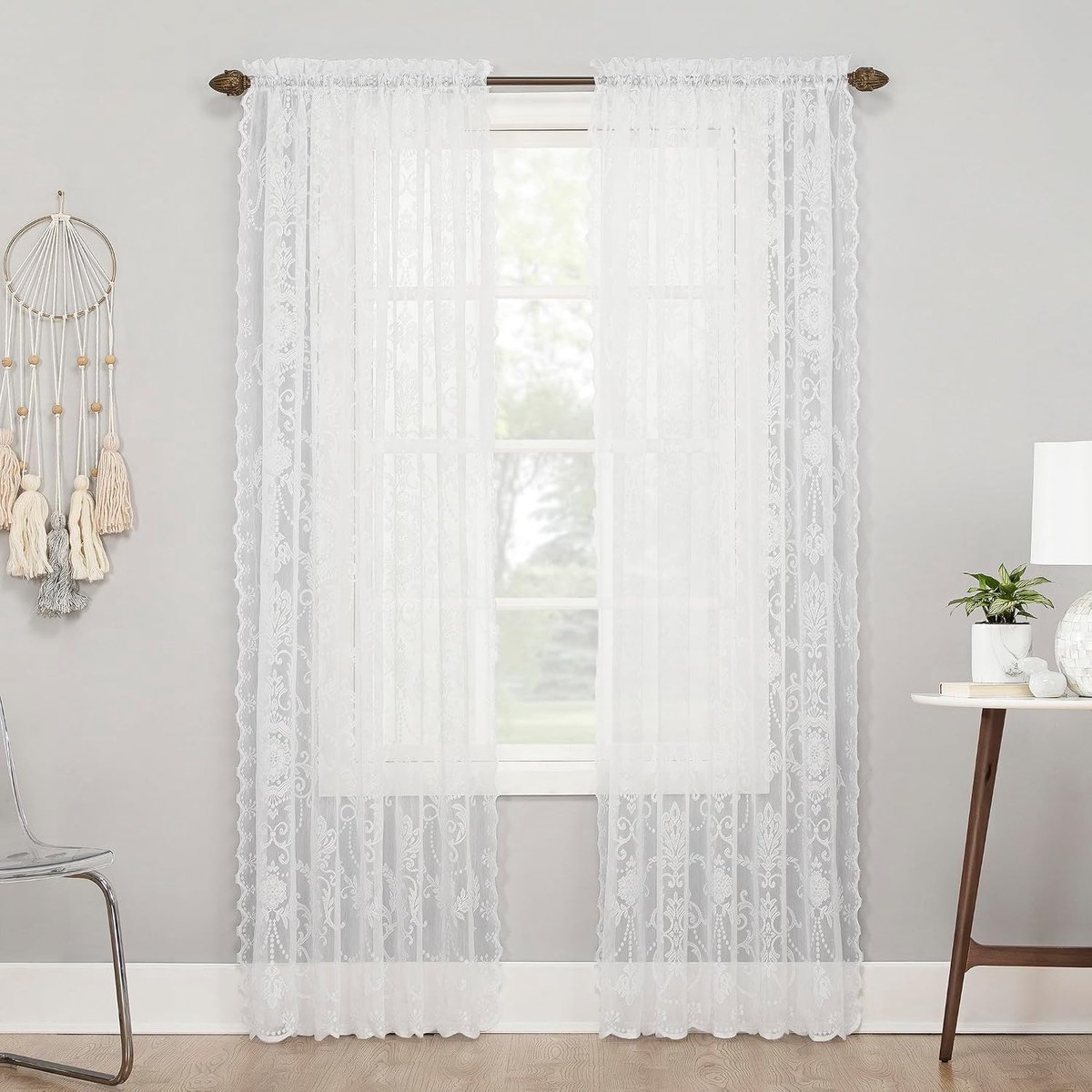 918 Ariella Bloemen Kant Staaf Pocket Gordijnpaneel, 147 cm x 160 cm, Wit
