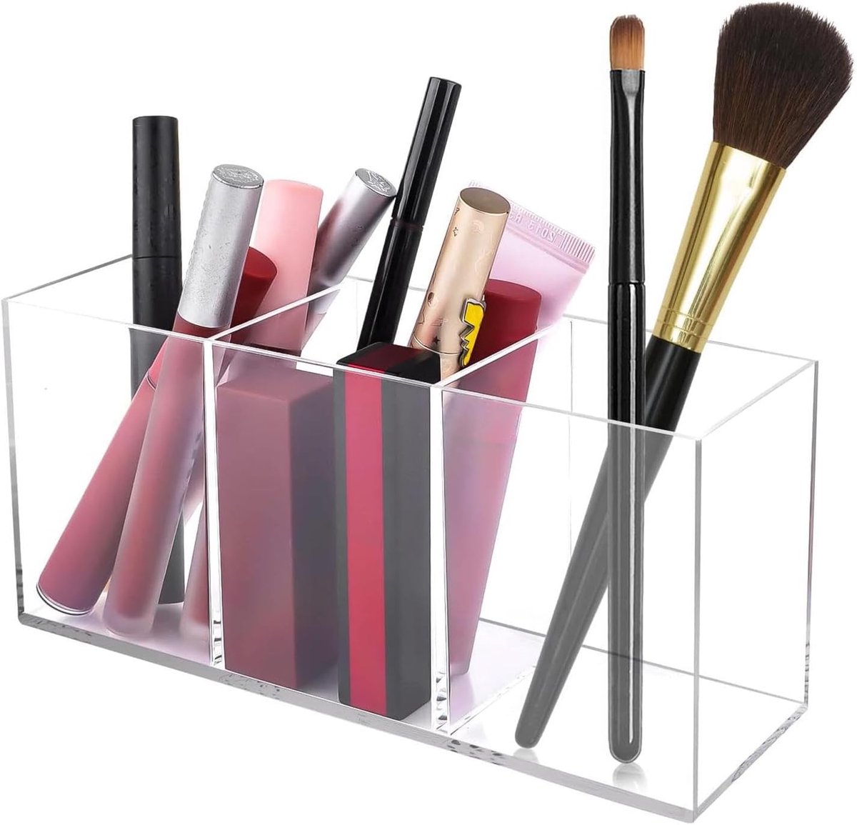 penseelhouder, 3 vakken, make-up organizer, transparante make-uptafelorganizer, make-up-organizer voor kwasten, eyeliners, lippenstift, make-uptafel, accessoires, pennenhouder