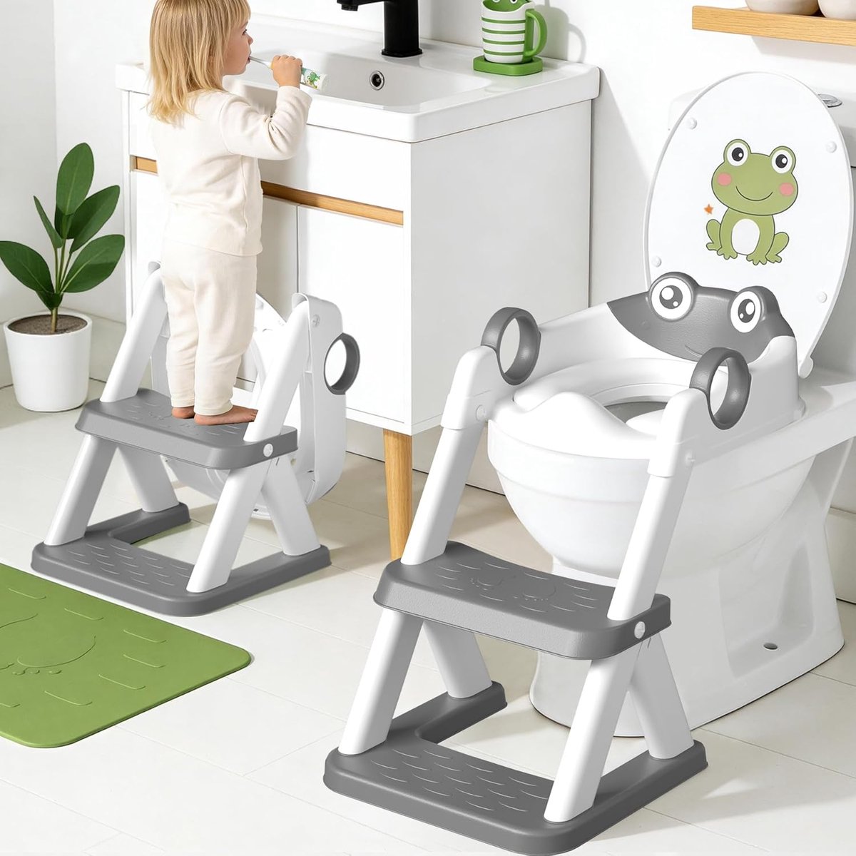 Kikker zindelijkheidstrainingsstoel, upgrade 2-in-1 toiletbril voor peuters, waterdichte zachte mat, antislip opstapkruk, grijs