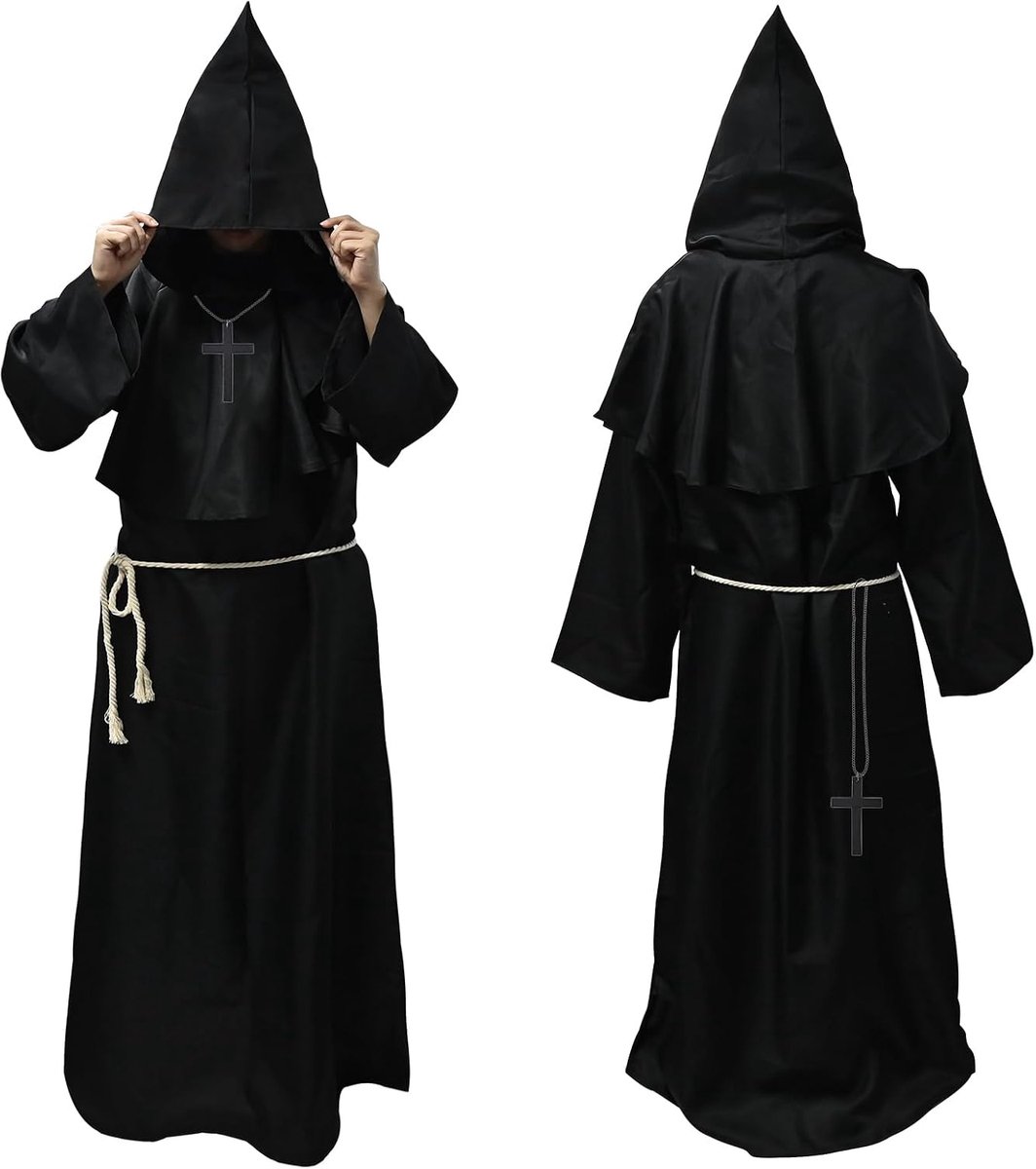 Monnikenkostuum voor heren, met capuchon en kruis, monnik-priesterkostuum, gewaad, middeleeuws renaissance-kostuum voor heren, gewaad, capuchon, monnikskostuum, Halloween, cosplay