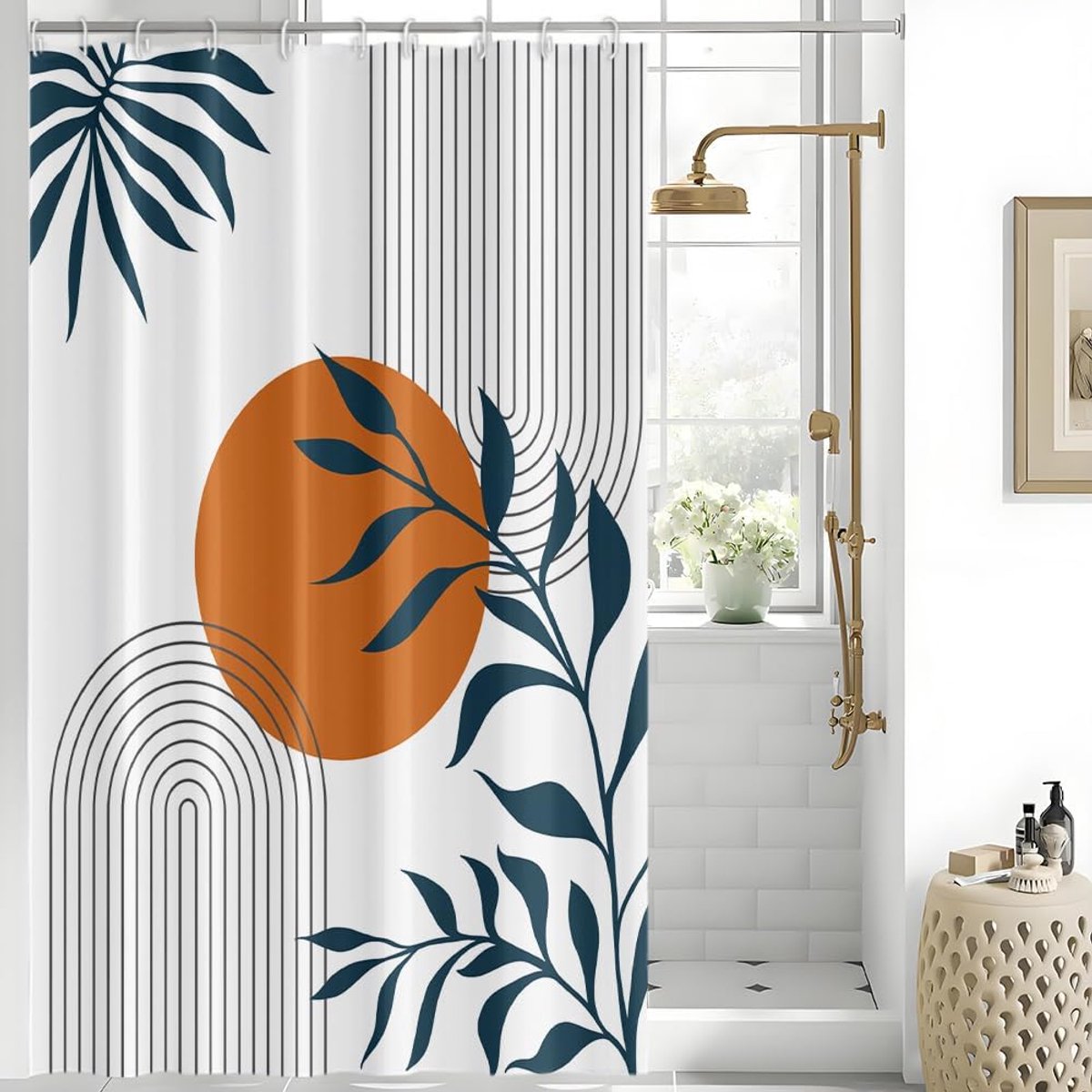 Douchegordijn, abstract, boho, blauw, bladeren, terracotta, zon, minimalistische douchegordijnen, anti-schimmel, waterdicht, polyester stof, wasbaar, badgordijn met 10 haken 150 x 200 cm (b x