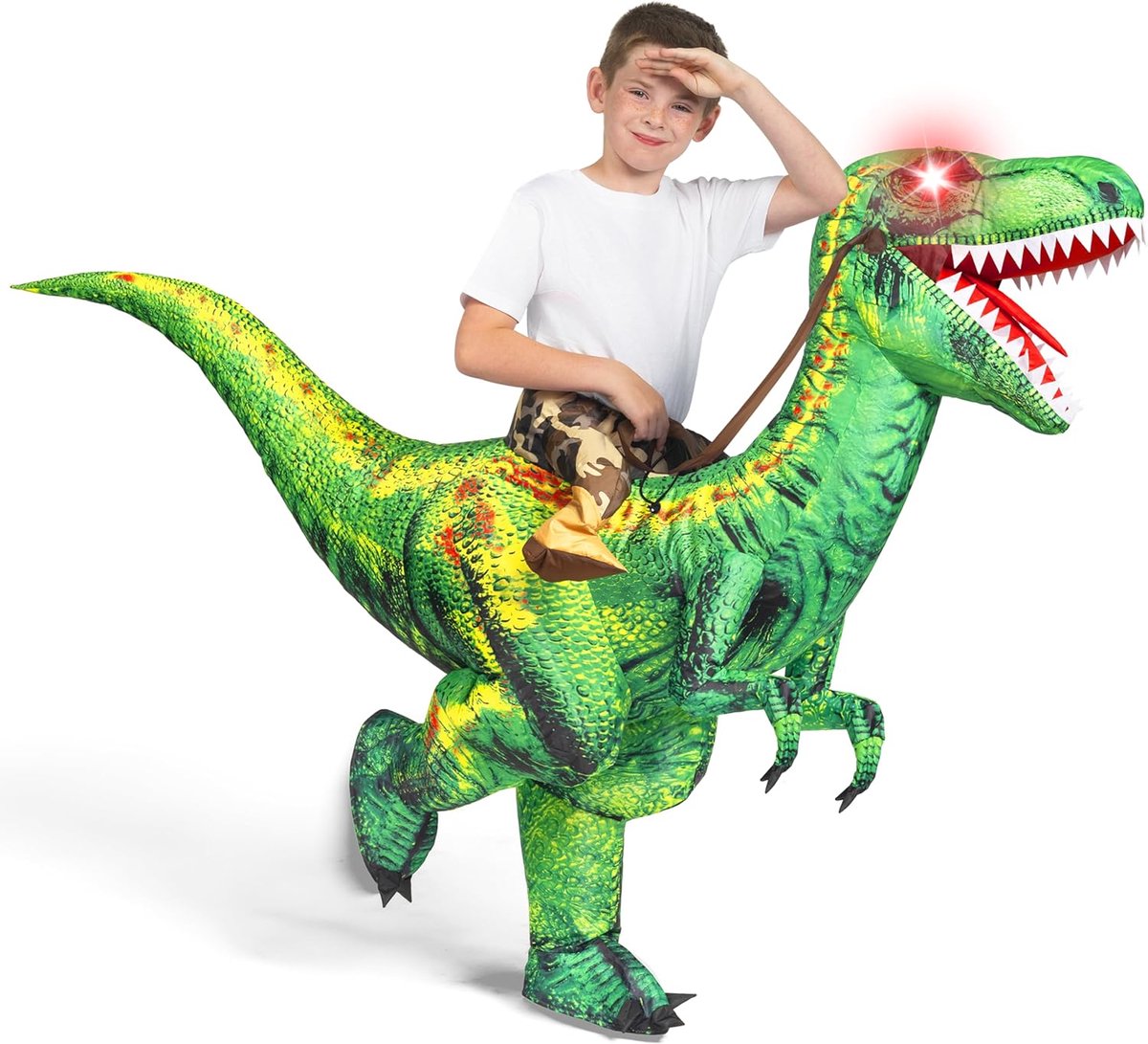 Creations Kinderen Halloween Raptor Opblaasbaar Kostuum, LED Ogen Rit Raptor Dinosaurus Blow Up voor Halloween Party