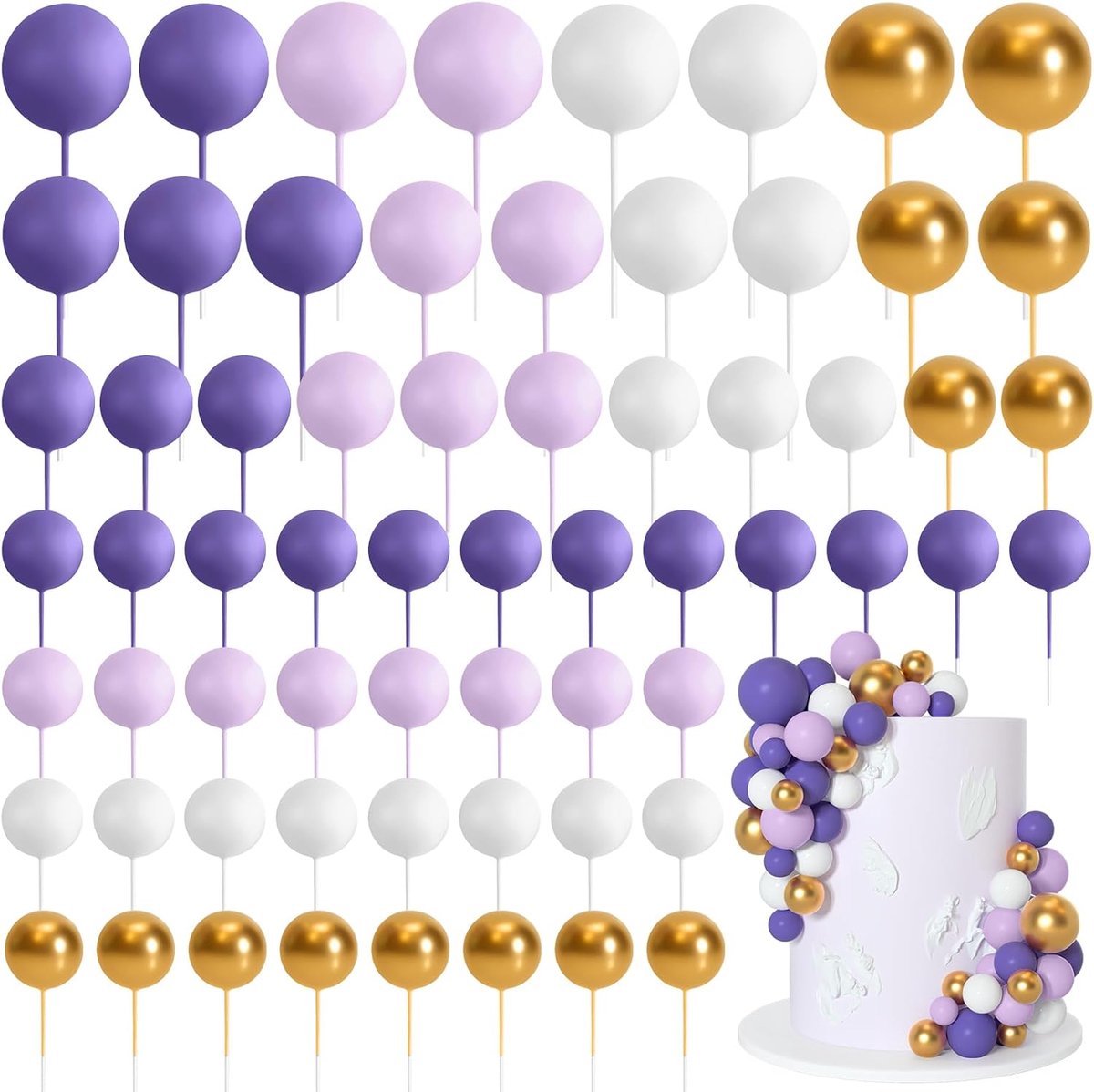 75 stuks, topper, decoraties, schuim, cupcaketopper, mini-ballonballen, taartprikkers voor decoratie, verjaardagsfeest, bruiloft (paars, lichtpaars, goud, wit)