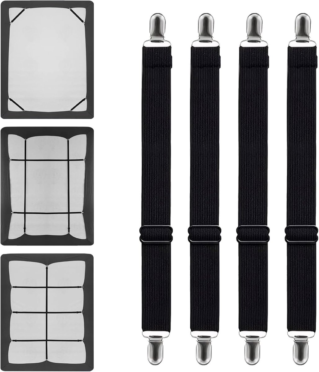 Elastische Lakenspanner, 4 Stuks Bedlakenspanners met Metalen Klemmen, Antislip, Elastische Banden, Verstelbare Lakenspanners(Tot 200cm) voor Bed of Hoekbank, Matras, Zitkussens
