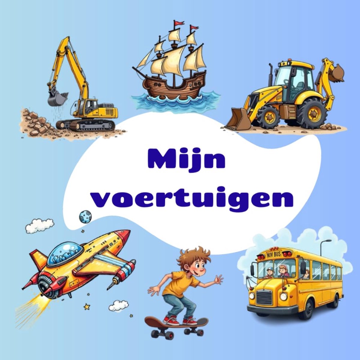 voertuigen. Kinderboek: auto's, vrachtwagens, tractoren, bouwvoertuigen, graafmachines, vliegtuigen, schepen, raketten en nog veel meer! Eenvoudige en schattige afbeeldingen voor kinderen