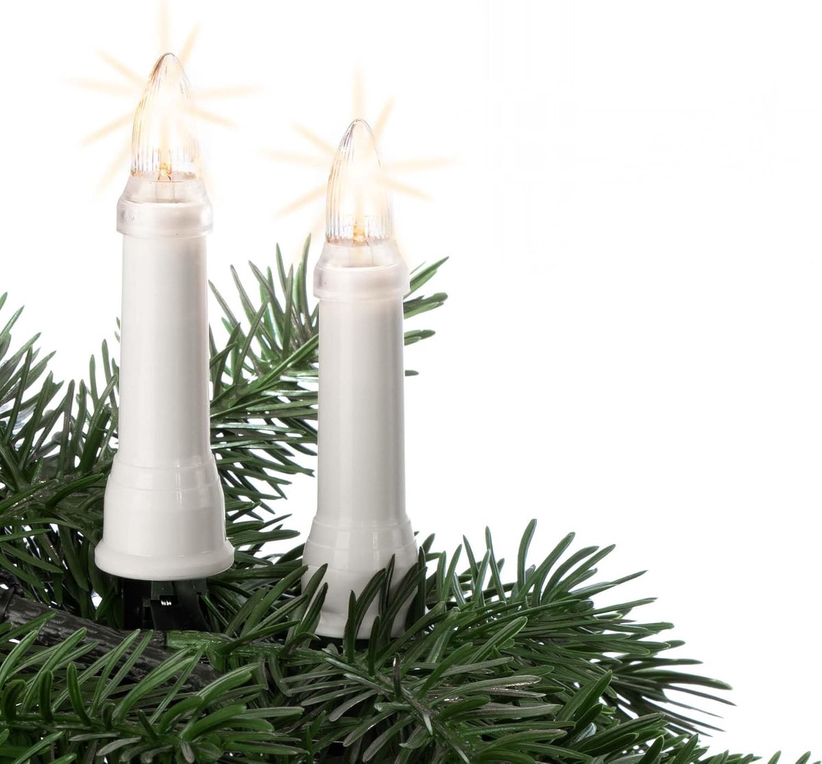 hellum Lichtketting kaarsen kerstboom, kaarsen lichtketting buiten met clip, 20 lampen, verlichte lengte 855 cm, afstand 45 cm, schacht wit, voedingskabel 1,5 m, voor buiten met stekker 640205