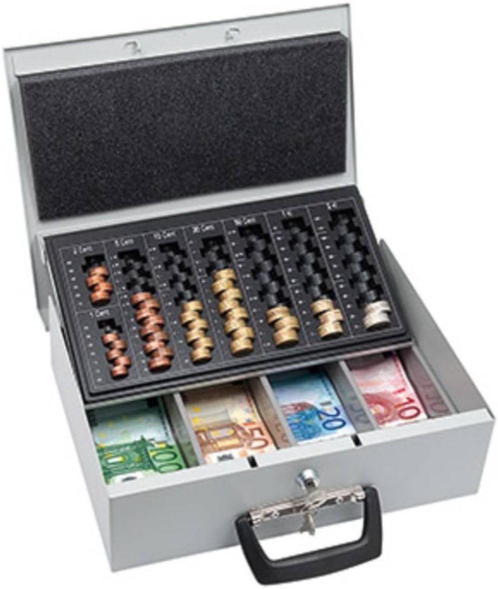150100837 geldkistje Universa (van plaatstaal, voor hard en papiergeld, met twee handgrepen en 4 vakken voor bankbiljetten, 35,5 x 27,5 x 10 cm) lichtgrijs