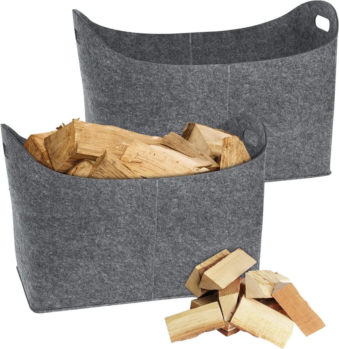 XXL Houtmand voor Haardhout, 2 stuks Opvouwbare Grote Houtmand van Extra Dik Vilt Shopper voor Hout Kranten Haardhout Vilttas Afmetingen 55 x 30 x 40 cm - Lichtgrijs