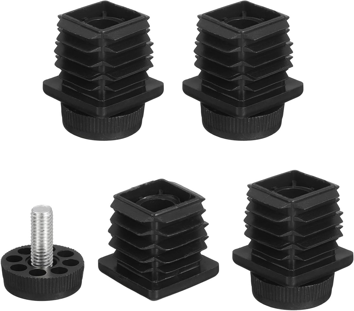 4 sets nivelleringsvoeten, 30 x 30 mm, van kunststof, verstelbaar, voor meubels, nivellering, rechthoekige buis, inzetstuk met nivelleringen, geschroefd, gat 30 mm, voor meubelstoelen, zwart