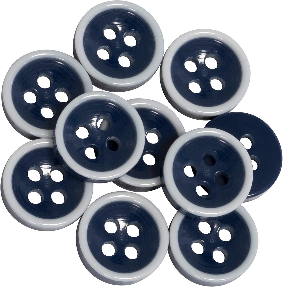 Knopen Knopen - rond Ø11,5x3,2 mm - met rand - 4 gaten L18 18L - van kunststof - kleur: donkerblauw/wit - opening 1,7 mm - kort naaien kleding stoffen