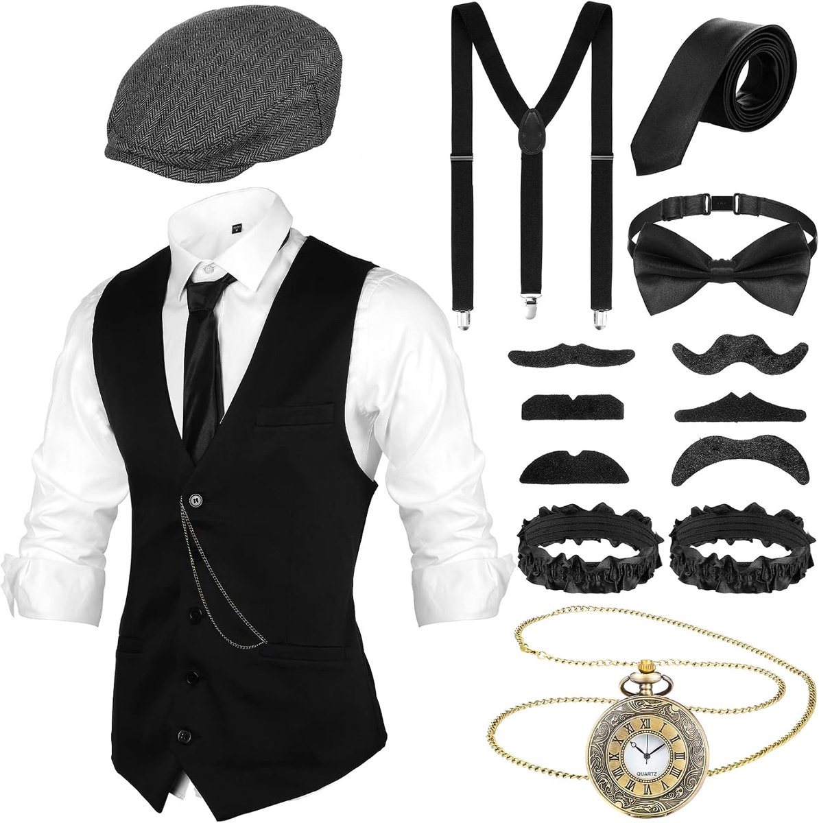 1920s Gatsby kostuum accessoires set 1920s heren kostuum gangster kostuum accessoires vest krantenjongen hoed zakhorloge stropdas