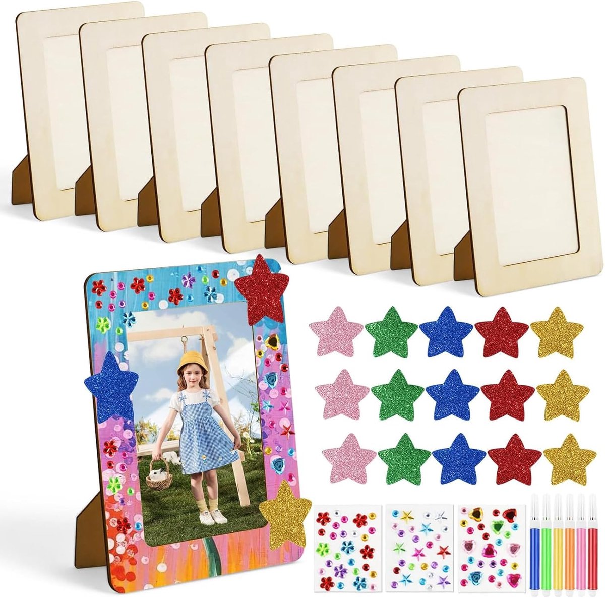 Set van 8 houten fotolijsten om te beschilderen, voor kinderen, 14 x 19 cm, knutselset met 6 waterkleuren, glitterstenen, creatieve set om zelf vorm te geven