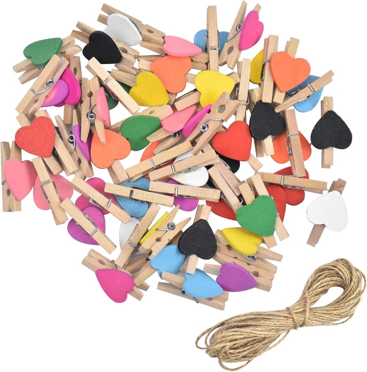 50 stuks mini houten haringen - 3 cm hart houten gekleurde haringen voor het vasthouden van foto, houten foto display clips papieren haringen met 10 M jute string voor decoratieve fotomuur
