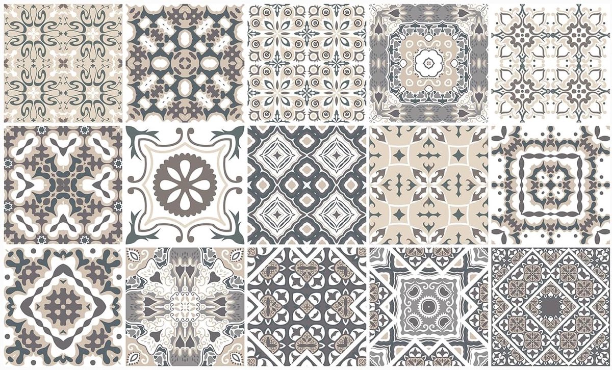 Decoratie Sticker Tegels - Beige Sepia Grijs Wit Marokkaans - 15x15 cm - 15 stuks Zelfklevende Plakfolie Tegelstickers - Achterwand voor de Muur Badkamer - Keuken - Plaktegels Zelfklevend
