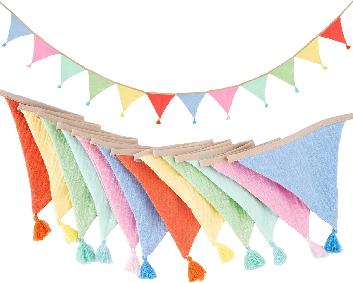 Stoffen vlaggetjesslinger met kwastjes, stoffen vlaggetjesslinger voor kinderkamer, kleurrijk, 2,8 m stoffen slinger met 12 vlaggetjes, mousseline, aan beide zijden voor kinderkamer, verjaardag