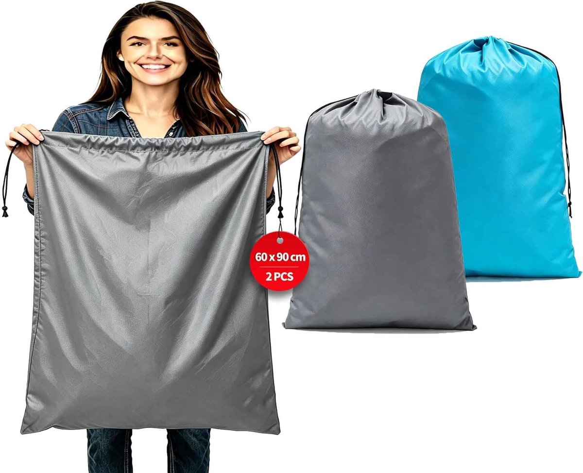 Waszakken voor op reis, 60 x 90 cm, grote capaciteit, waszak voor op reis, Waszak Reizen met koordsluiting, stof 120 liter, (lichtblauw & grijs)