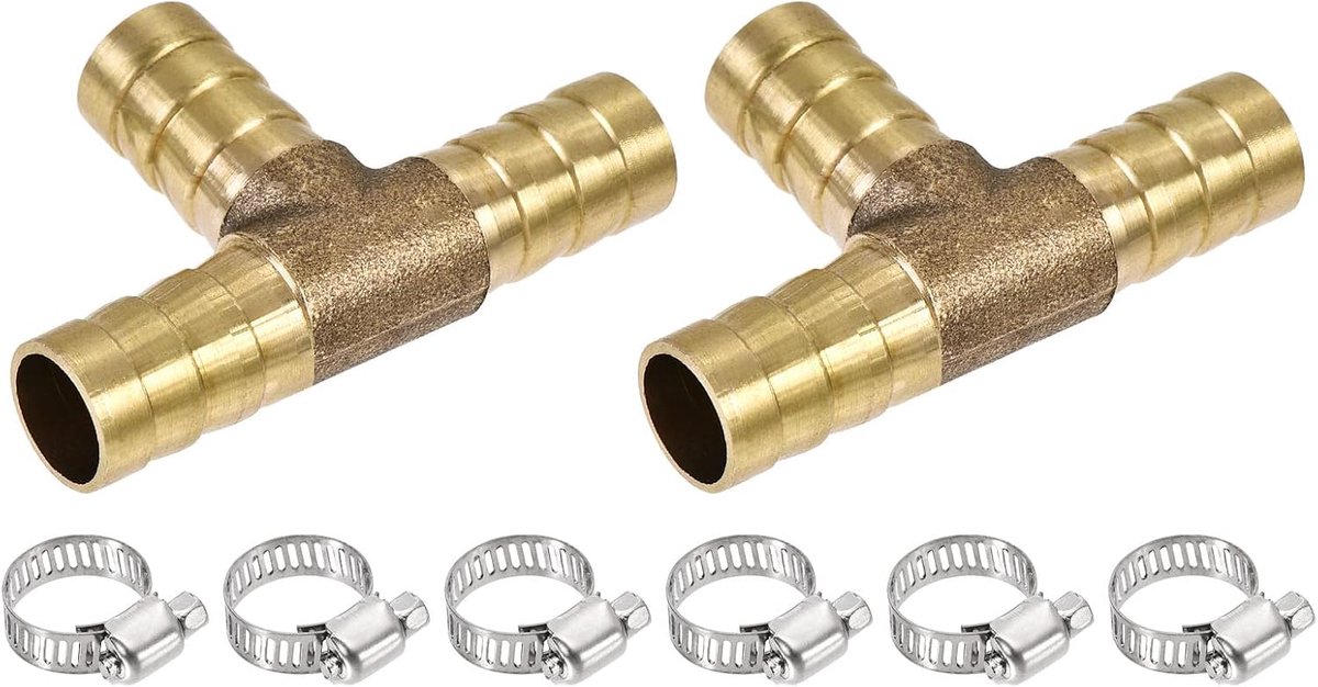 METERXITY 2 Pack weerhaak slangfittingen - 10 mm OD messing slangfitting pijpconnector met slangklemmen zijn van toepassing op waterbrandstof (T-vormige 3-weg)