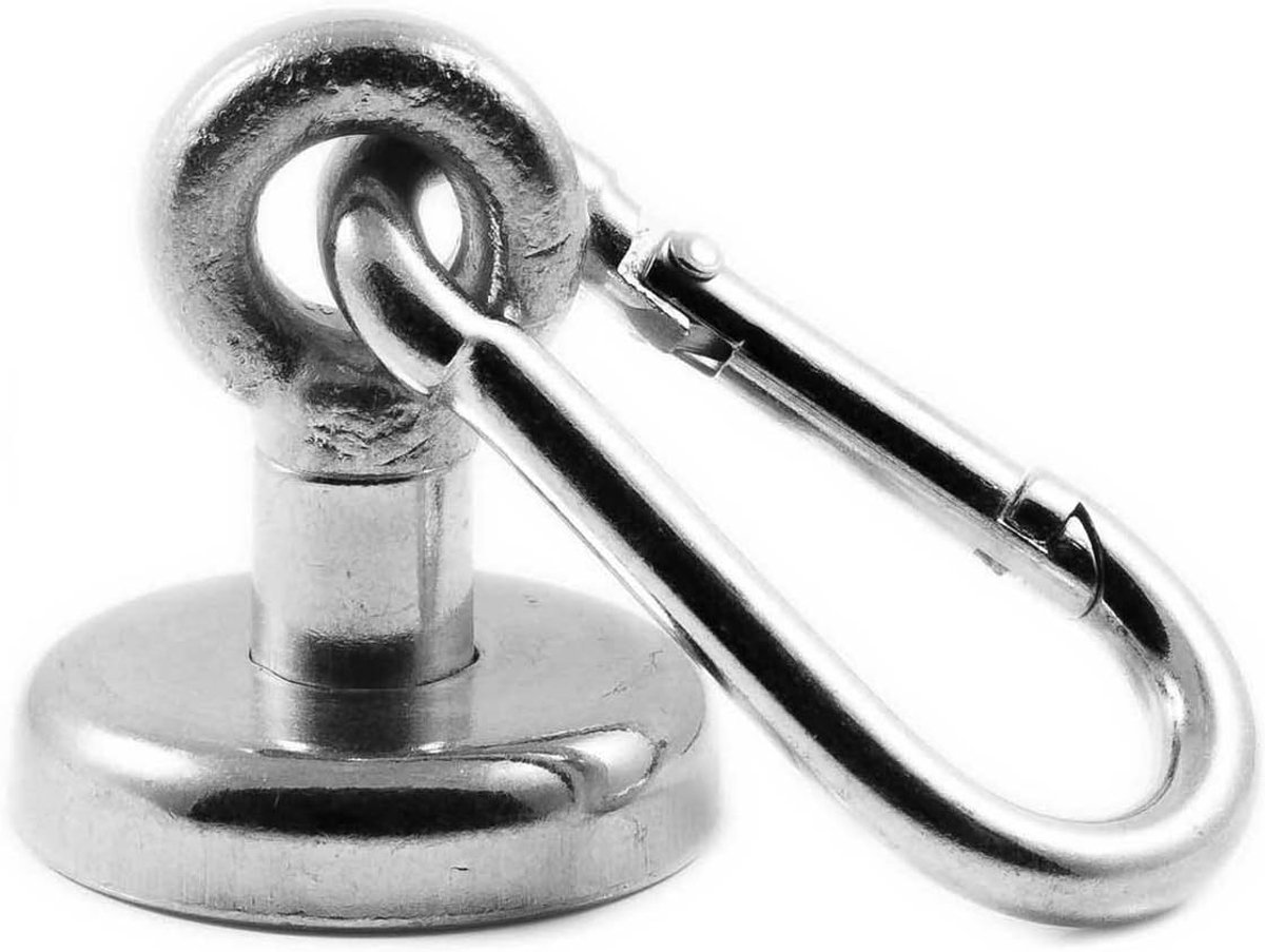 1 stuk neodymium N35 oogmagneet met karabijnhaak 32 mm Ø | houdkracht 34 kilogram | Zeer sterke neodymium karabijnhaak - pot magneet met oogje BZW. ringschroef verzinkt