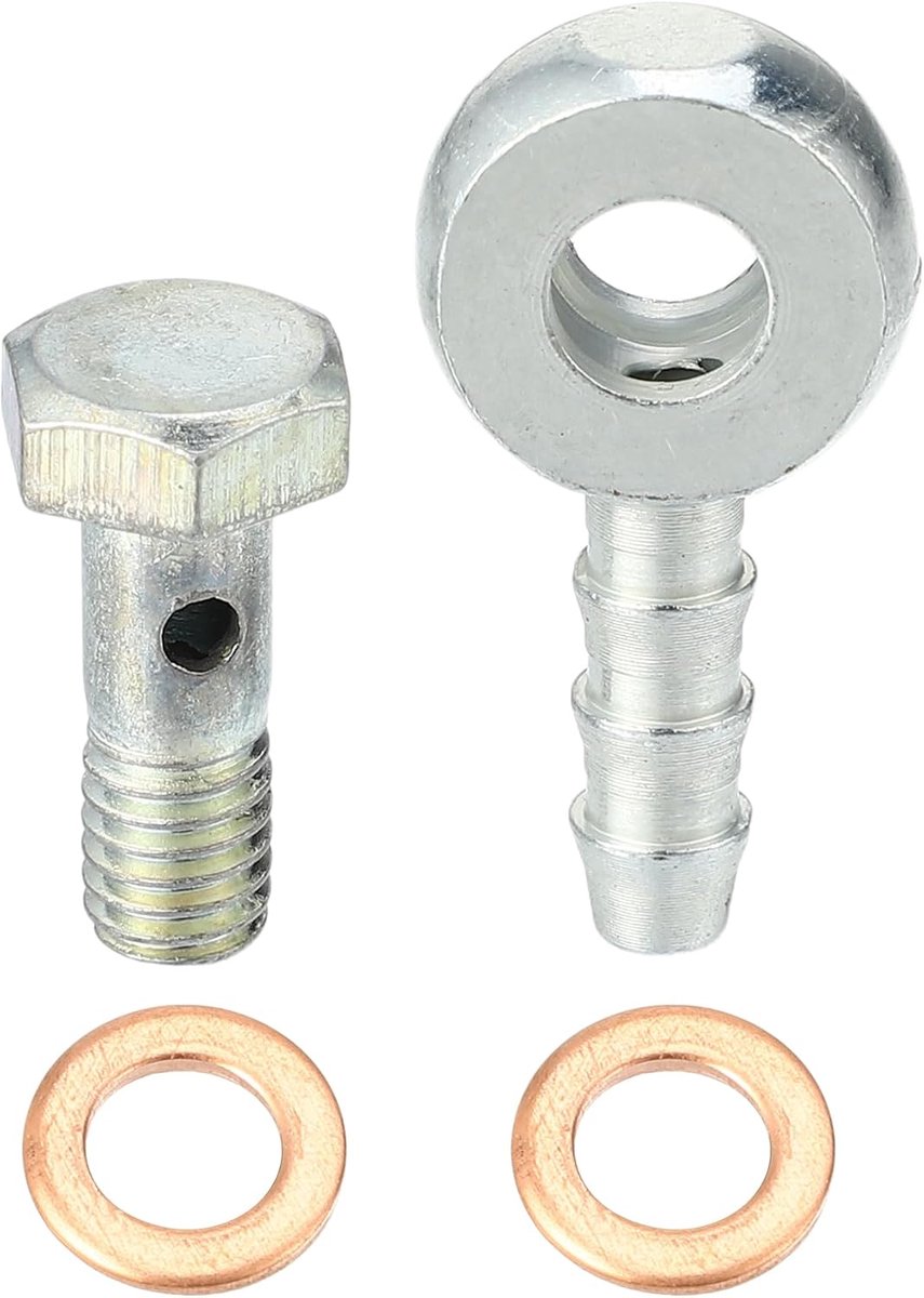 ABSOPRO 6mm ID 6mm OD Banjo Fitting Brandstofleiding Adapter Connector - 4 Stuks | zilver/koper, metaal, voor remsysteem, adapter 29 x 15 mm, banjo ID 6 mm, 1 x adapter, 1 x schroef, 2 x schijven