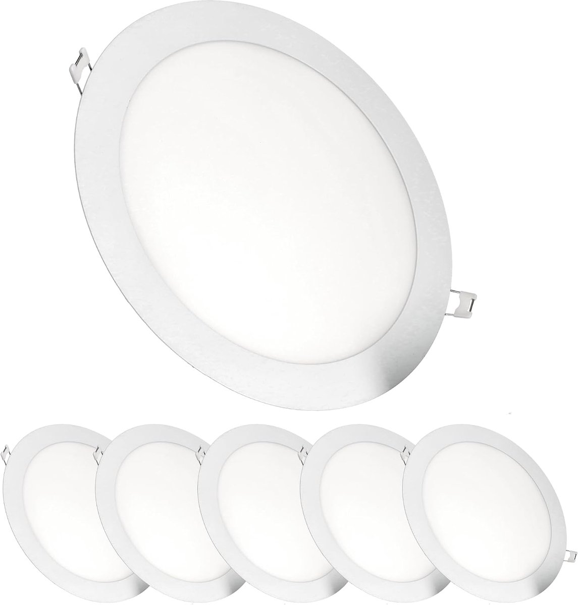 - Set van 6 18W LED inbouw plafondlampen, downlights rond, plat, met mat witte aluminium ring, driver inbegrepen, neutraal wit licht 4200K