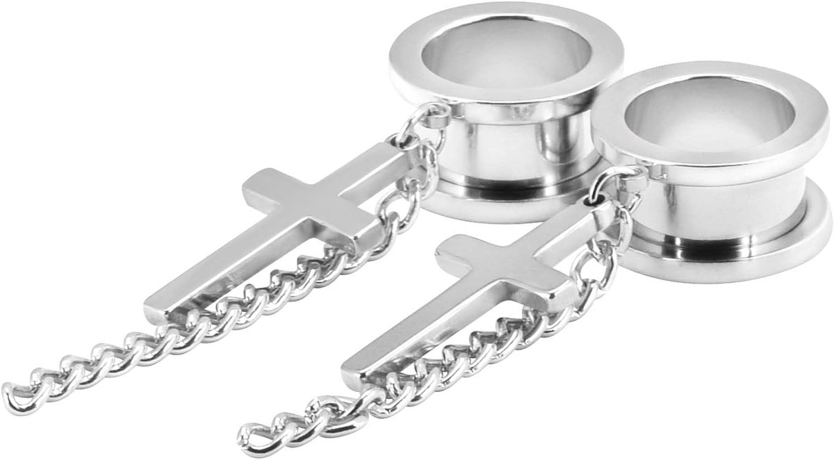 2 stuks roestvrij staal kruis oorplugs gauges met hanger tunnel set zilver 12 mm