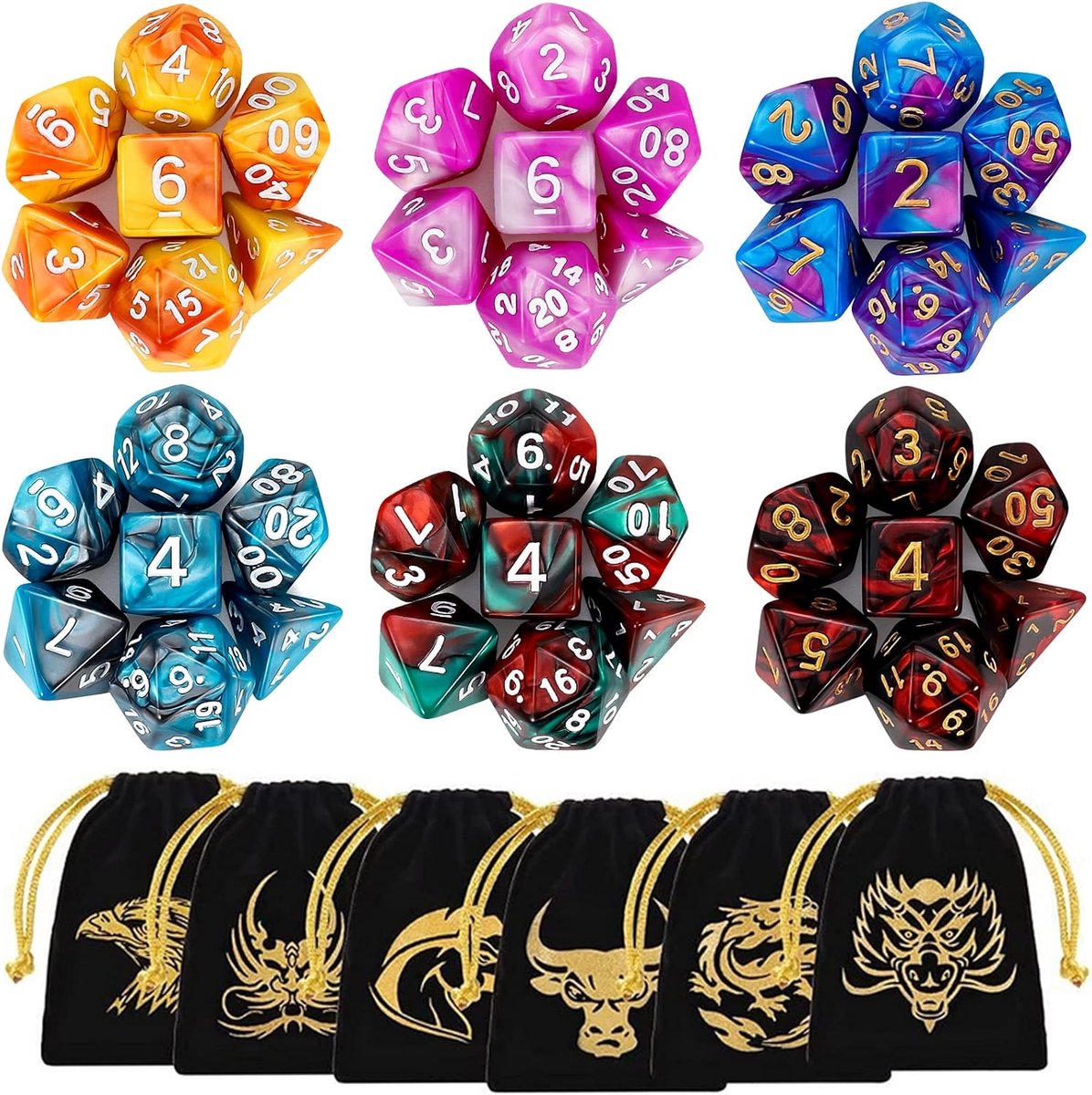 Polyedrische Dobbelstenen, 6 x 7 (42 stuks) Dobbelstenen met 2 kleuren voor tafelspellen voor Dungeons and Dragons Pathfinder DND RPG MTG, 6 sets van d20, d12, 2 d10 (00-90 en 0-9), d8, d6 en d4