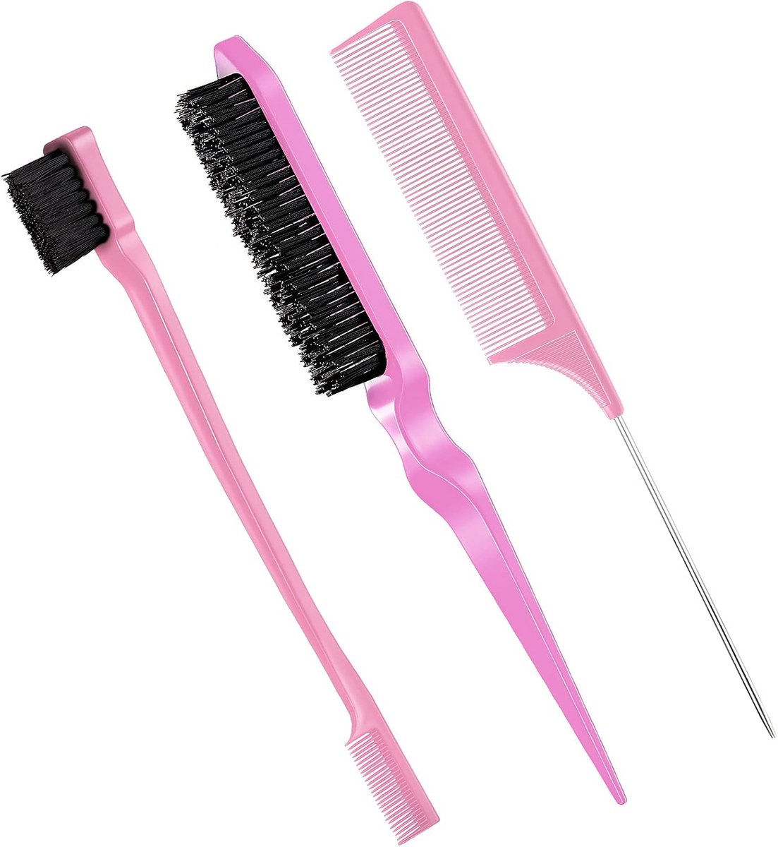 3-delige gladde haarborstelset met borstelharen, randcontrole, plagenkam voor vrouwen, zwart haar (lichtroze)