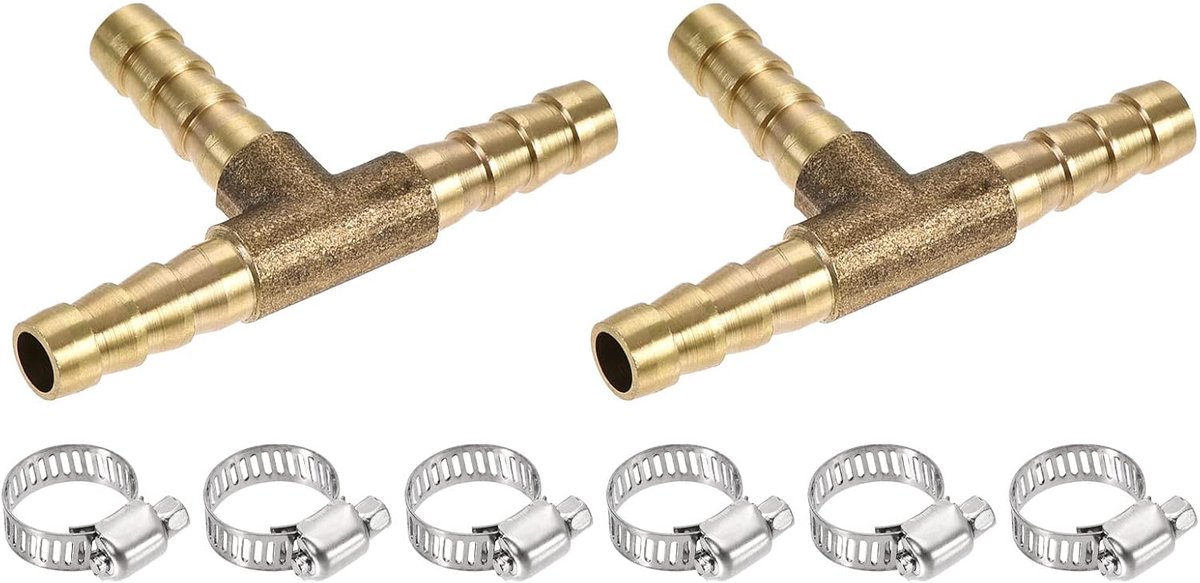 METERXITY 2 stuks Barb slangfittingen - 6 mm OD messing slangfitting buisconnector met slangklemmen van toepassing op waterbrandstof (T-vormige 3-weg)