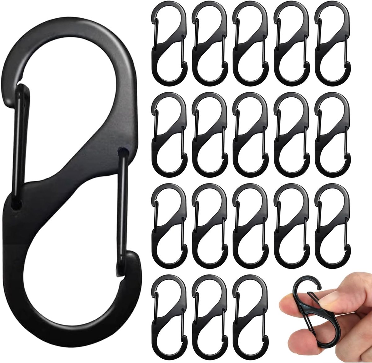 20 stuks metalen karabijnhaken, karabijnhaken, mini zwart, S-karabijnhaak, metalen dubbele karabijnhaak, metalen gesp, dubbele karabijnhaak, voor wandelingen, kamperen, reizen, rugzaktochten