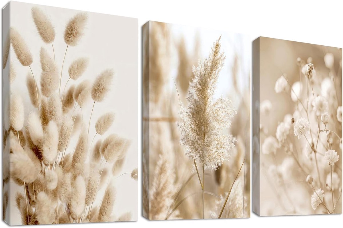 3 stuks houten ingelijste canvas wandkunst, boho natuur, beige, pampasgras, botanisch, salie, bloemschilderijen voor woonkamer, slaapkamer, hal en trap, wanddecoratie 90 x 40 cm (30 x 40 cm x 3 stuks)