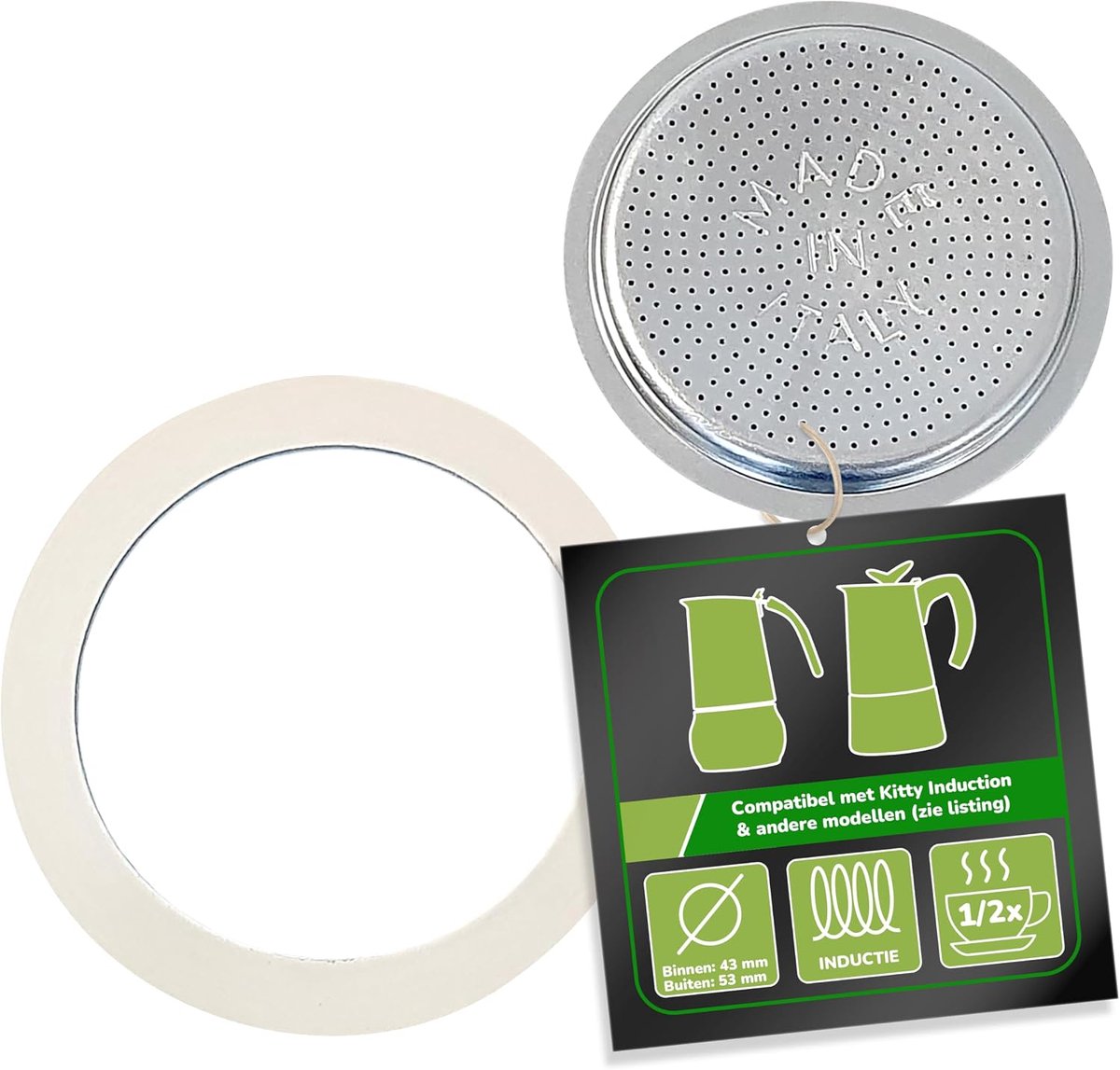 Filter en pakking voor espressomachine, compatibel met Bialetti espressopotje voor 1 of 2 kopjes, Ø buiten 53 mm, 5,3 cm, Ø binnen 47 mm, 4,7 cm, vervangende pakking, afdichtring