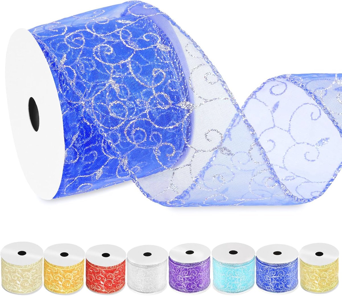 2-1/2 inch × 10 Yard Blue Swirl Glitter Draad Lint, Organza Sheer Lint met Gouden Metallic Rand, Glitter Swirls Draad Lint, Kerst Draad Lint voor Boom Decoratie Verpakking Geschenken