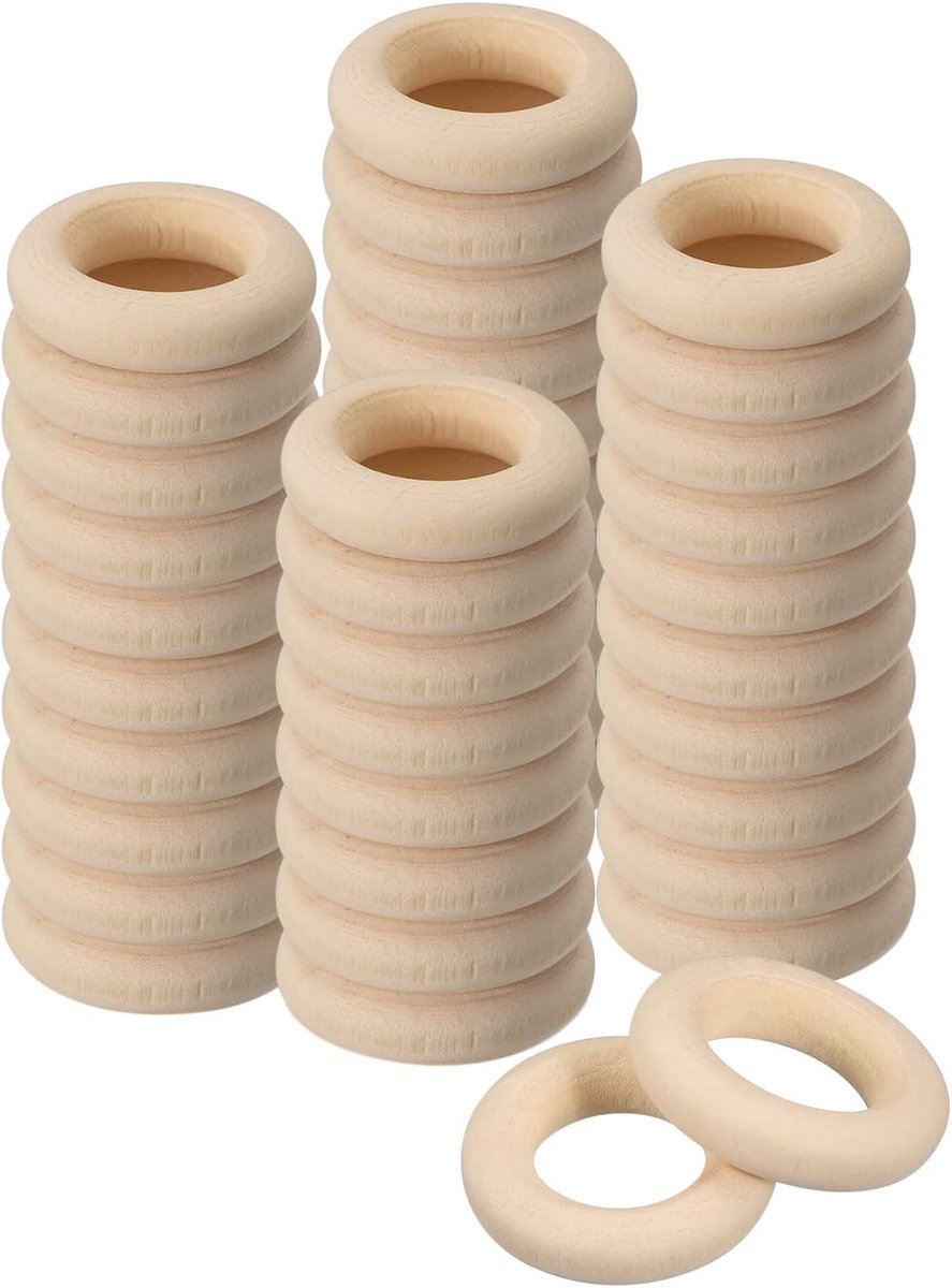 60 stuks natuurlijke houten ringen, 25 mm (1 inch), 6 mm dik, gladde onbehandelde houten cirkels voor doe-het-zelf knutselen, breien, macramé, hangers