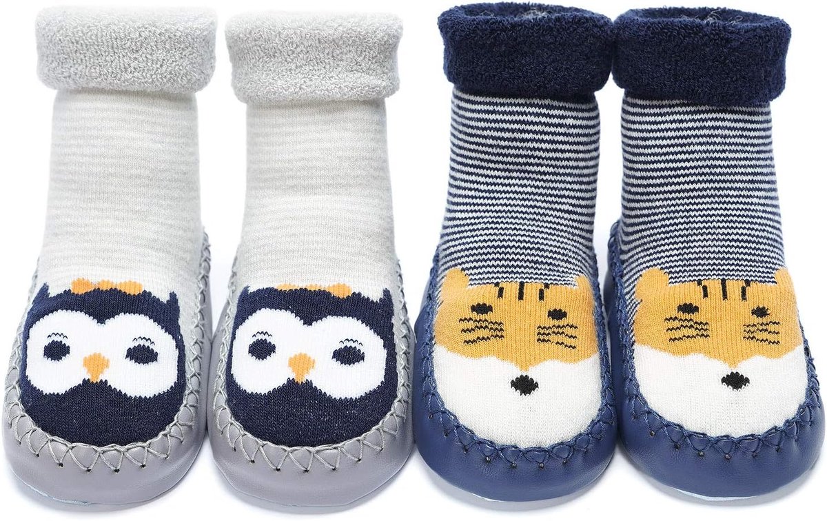 Baby Jongens Soksloffen Antislip met Badstof 2-Pak Tijger & Uil 23 EU (Fabrikant Maat 15)