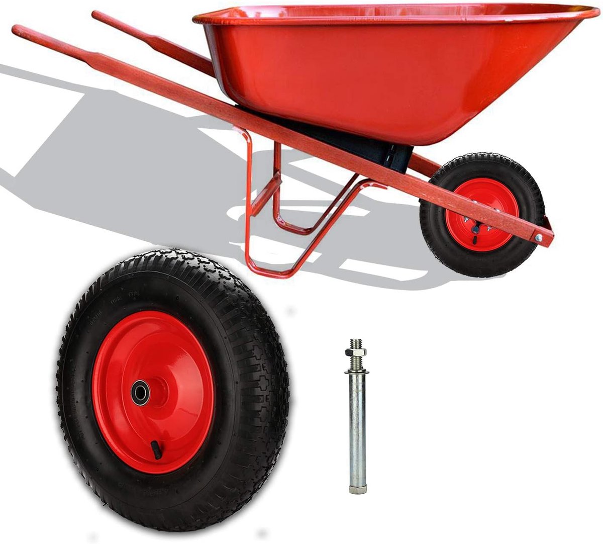 kruiwagenwiel, luchtbanden, diameter 390 mm, met as 4.80, 4.00-8, reservewiel, rubberen velg, stalen velg, banden voor tuinkarren, zwart-rood
