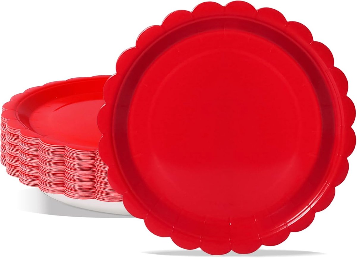 50 stuks papieren borden, feestborden, kinderverjaardag, bordenset, 23 cm, feestserviesset, gekruld, rood, wegwerppapieren borden voor afstudeerfeest, oudejaarsavond, kinderverjaardag