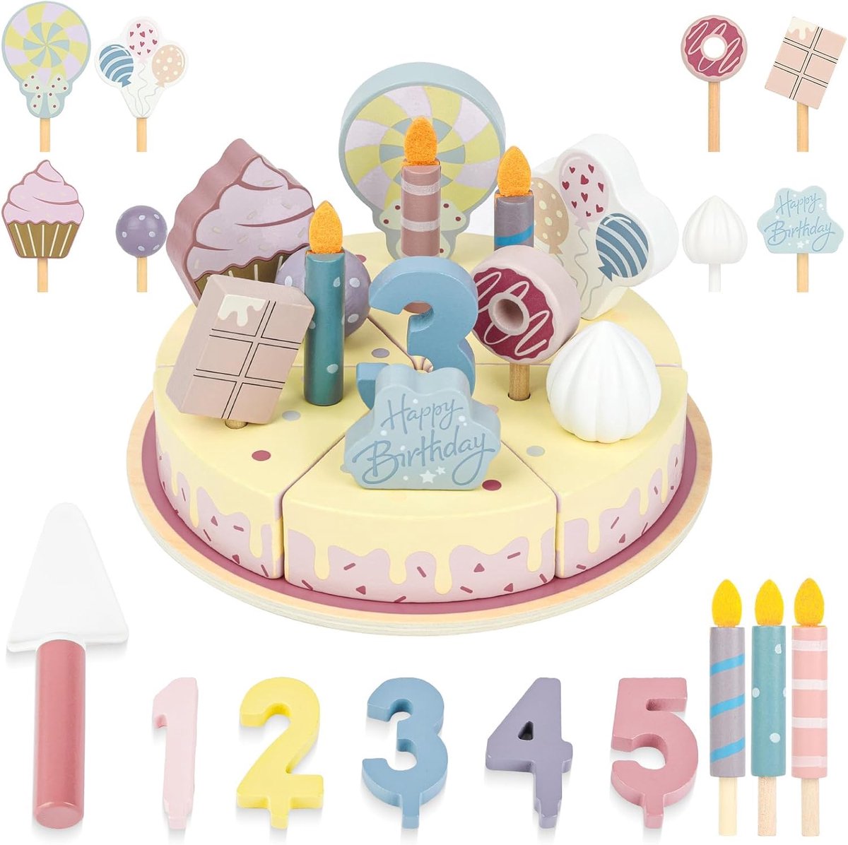 Kinderkeuken Verjaardagstaart Gemaakt van Hout, Speelkeuken Accessoires Verjaardagstaart voor Kinderen, Keuken Speelgoed Eten Speelgoed Rollenspel Cadeaus, Roze