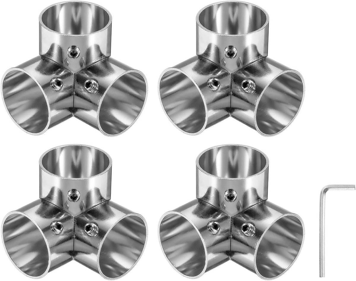 4 stuks ellebogen, hoekkruis, structurele buisverbinders, 3-weg eindrailklem, roestvrij staal, hoekbuisarmaturen voor rek, tuinsteun, 1 inch, geschikt voor buisdiameter, zilver