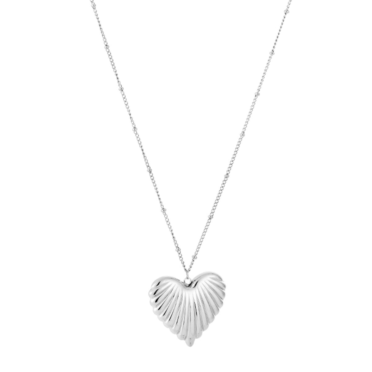 Ribbed Puffed Heart Satellite Long Chain Necklace – Luxe 80 CM Lange Ketting met Hart – RVS - Zilver