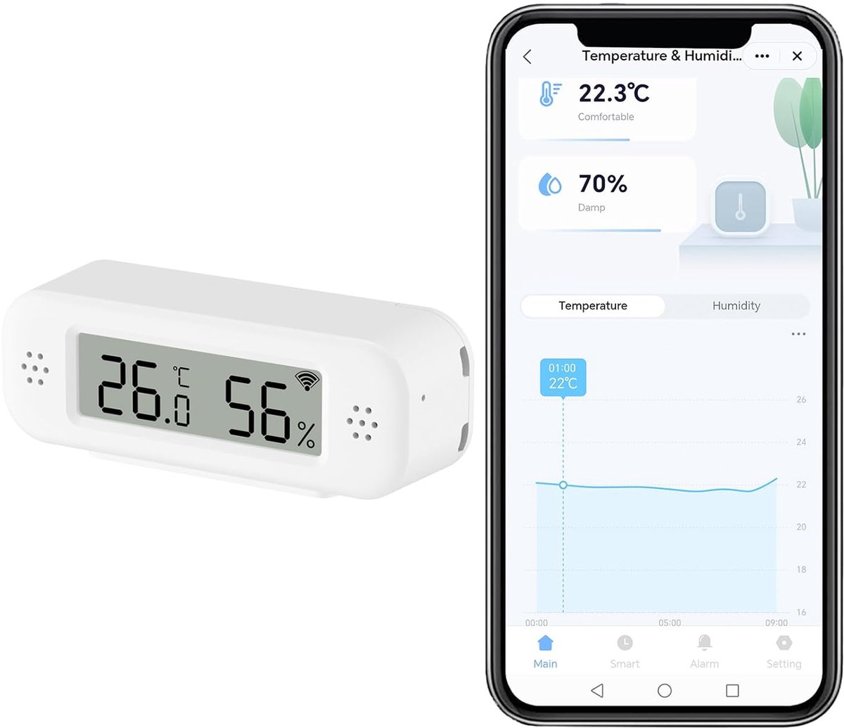 digitale thermometer hygrometer, WiFi binnentemperatuur vochtigheidssensor met app-waarschuwingen, mini-kamertemperatuurmeter met gegevensopslag en -export, compatibel met Alexa. 1 stuk