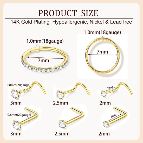 8 STKS Hypoallergene Titanium Neus Ring Stud, Gouden Neus Hoop voor Vrouwen Mannen Zilveren Dunne Neus Ringen L-Vorm Kurkentrekker CZ Dunne Neus Piercing Sieraden 2mm/2.5mm/3mm Kleine Neus Studs — afbeelding 2
