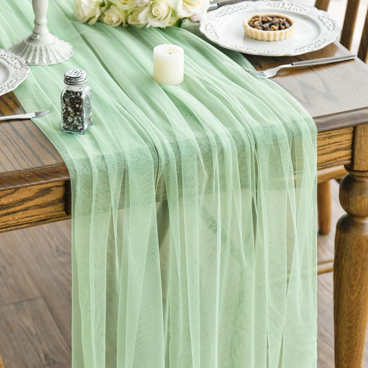 Mode Tafelband van gaas lichtgroen tule, tafelloper 150x300 cm, lente, bruiloft, tafeldecoratie, vakantie, feest, verjaardagsdecor